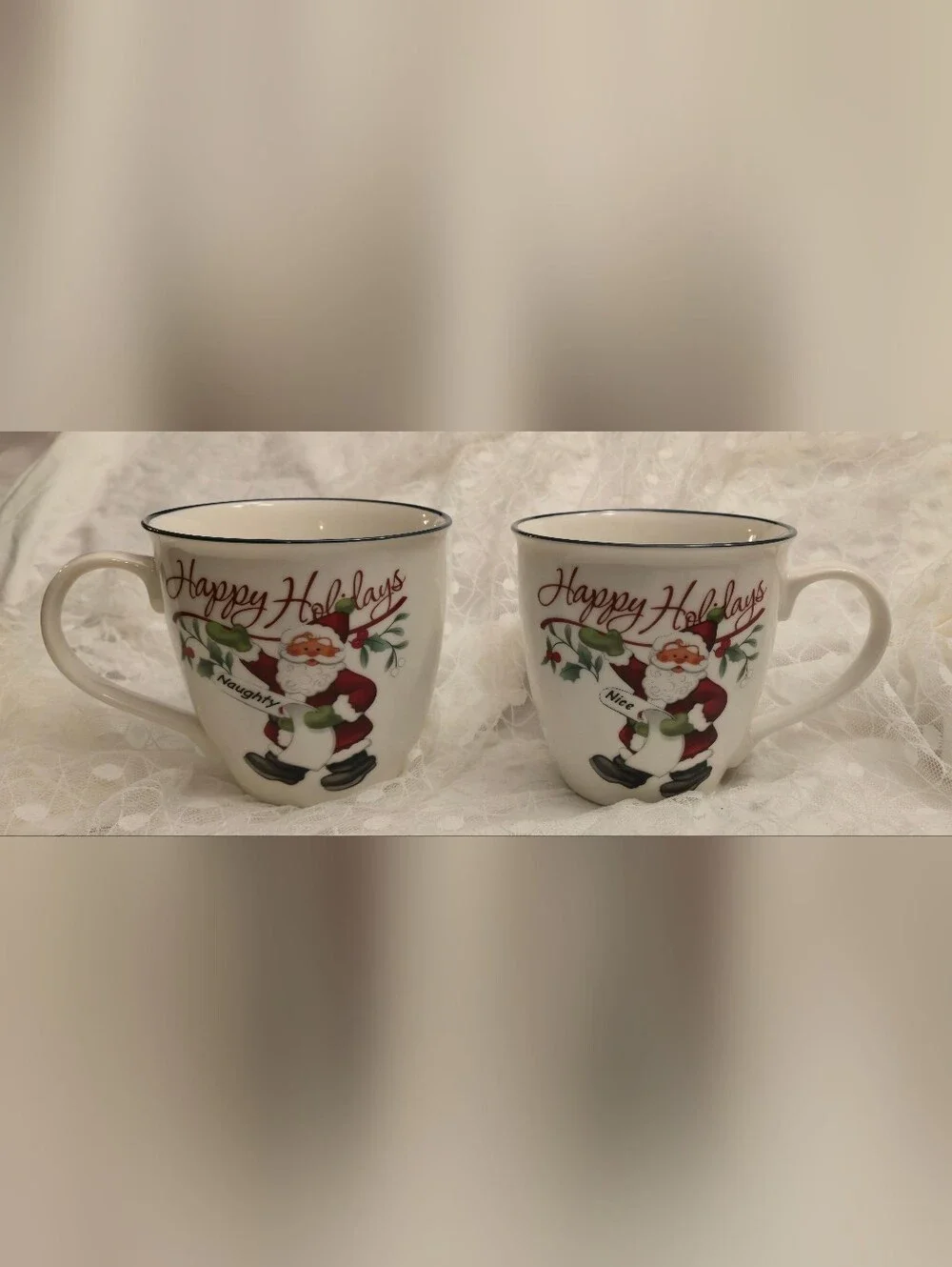 Pfaltzgraff Winterberry Santa Naughty /  Nice List Mugs  NEW w/BOX